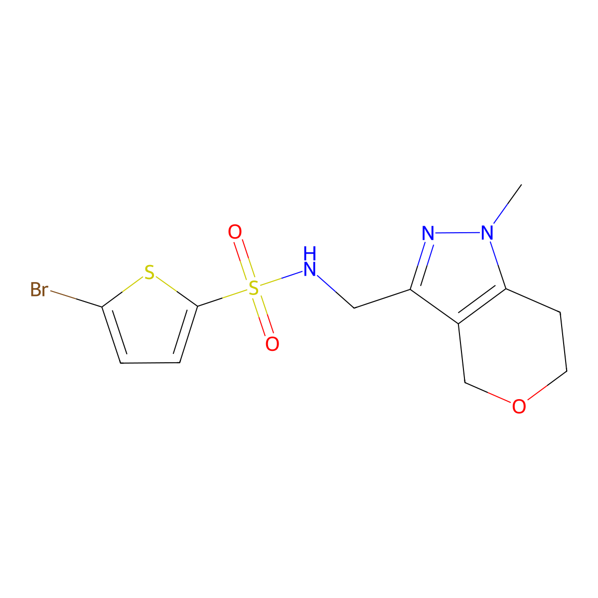 5-bromo-N-((1-methyl-1,4,6,7-tetrahydropyrano[4,3-c]pyrazol-3-yl)methyl)thiophene-2-sulfonamide molecular structure, CAS 1797681-85-6