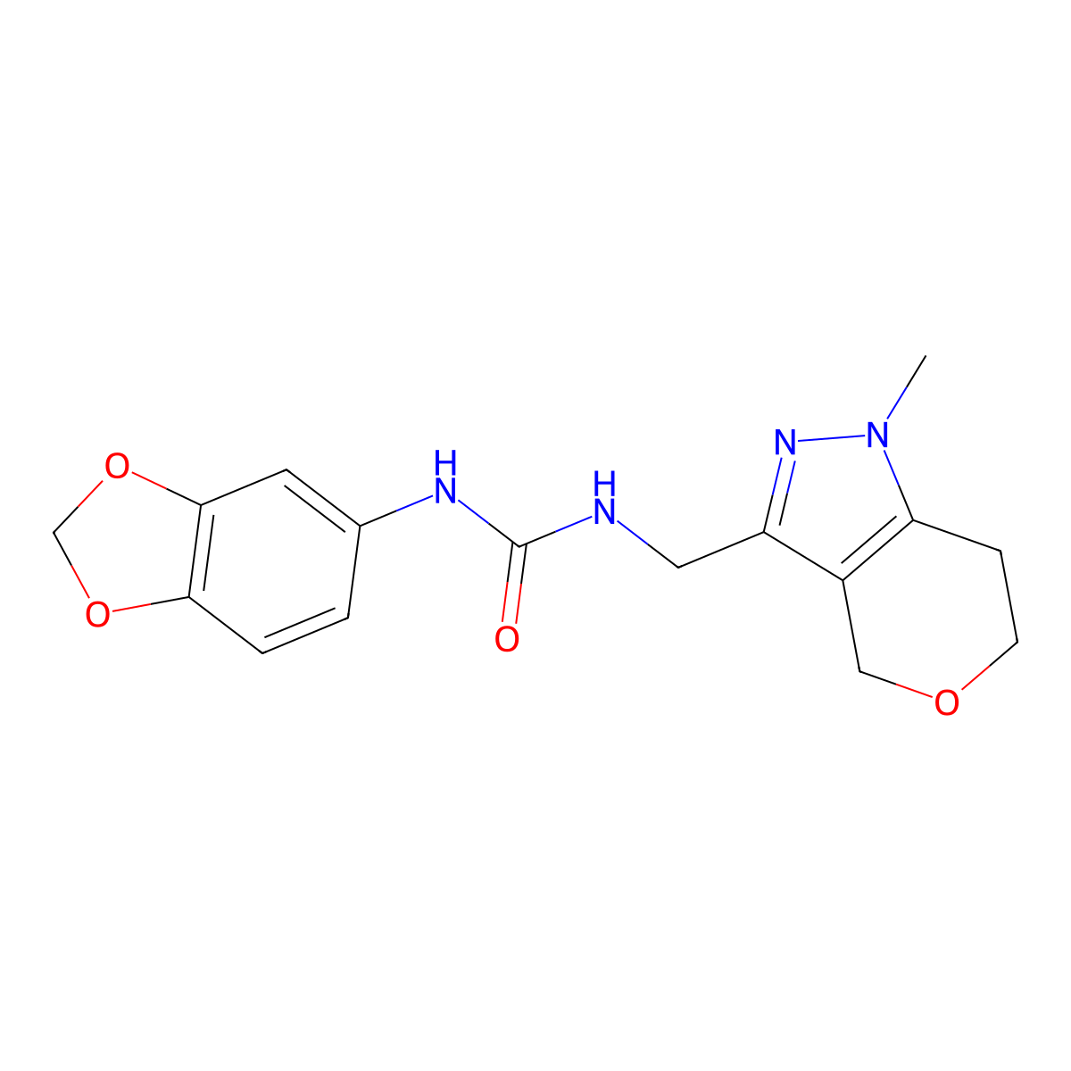 1-(Benzo[d][1,3]dioxol-5-yl)-3-((1-methyl-1,4,6,7-tetrahydropyrano[4,3-c]pyrazol-3-yl)methyl)urea molecular structure, CAS 1797681-92-5
