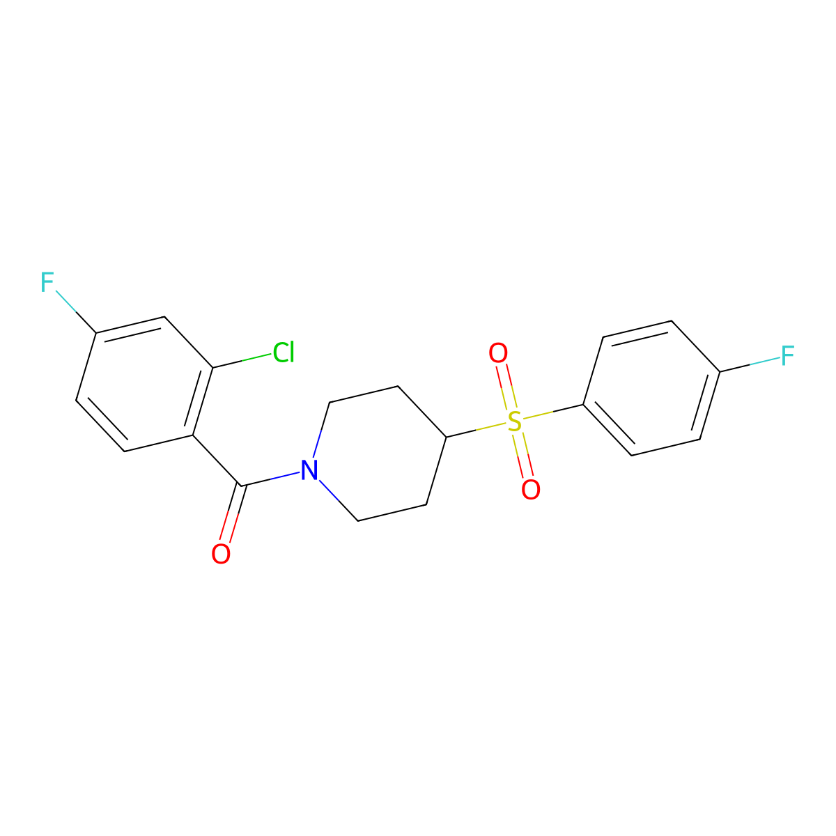 (2-Chloro-4-fluorophenyl)(4-((4-fluorophenyl)sulfonyl)piperidin-1-yl)methanone molecular structure, CAS 1797687-06-9