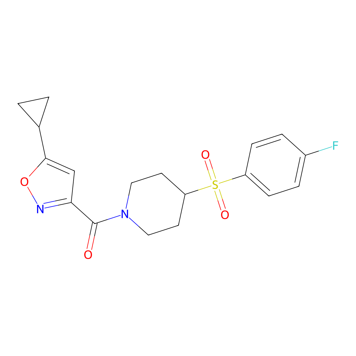 (5-Cyclopropylisoxazol-3-yl)(4-((4-fluorophenyl)sulfonyl)piperidin-1-yl)methanone molecular structure, CAS 1797687-14-9