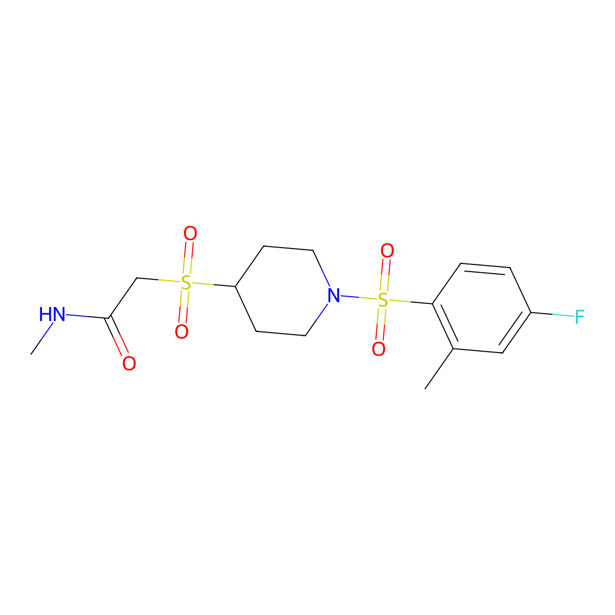 2-((1-((4-fluoro-2-methylphenyl)sulfonyl)piperidin-4-yl)sulfonyl)-N-methylacetamide molecular structure, CAS 1797688-50-6