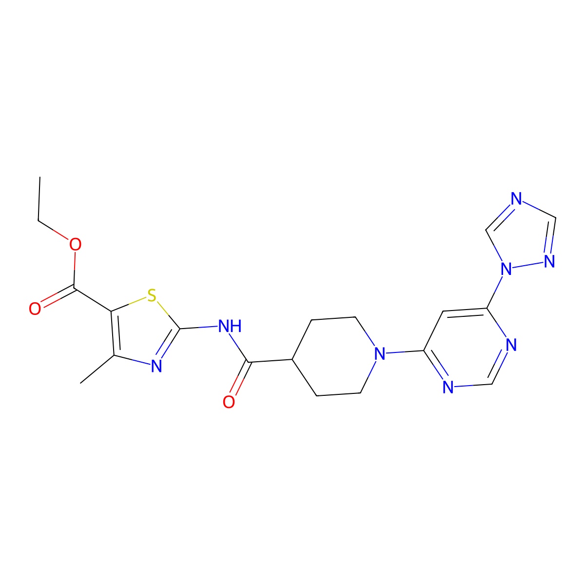 ethyl 2-(1-(6-(1H-1,2,4-triazol-1-yl)pyrimidin-4-yl)piperidine-4-carboxamido)-4-methylthiazole-5-carboxylate molecular structure, CAS 1797696-08-2