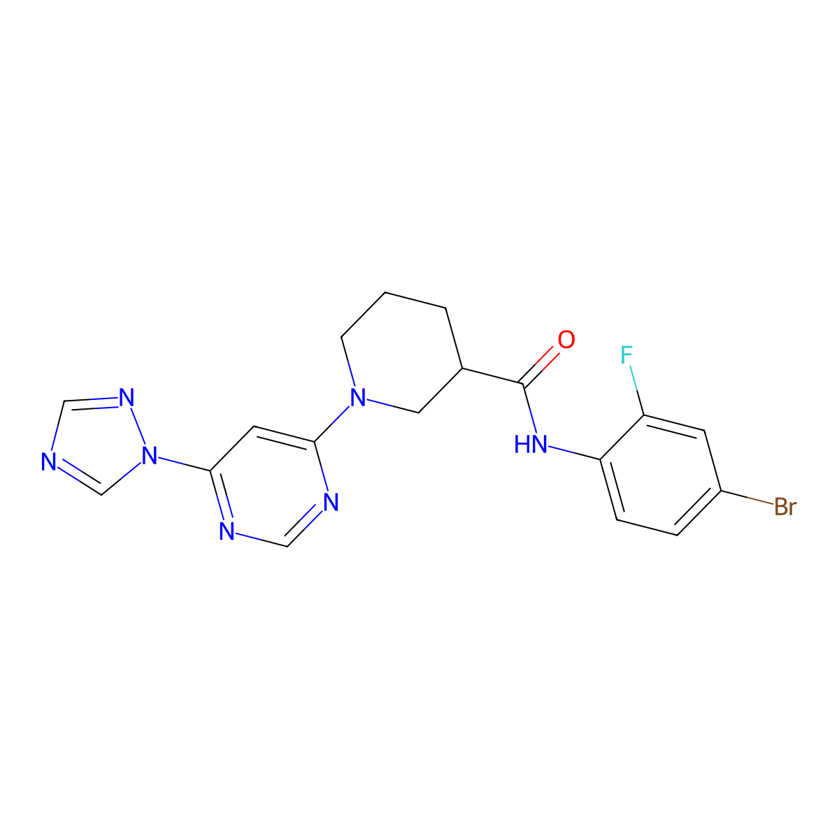 1-(6-(1H-1,2,4-triazol-1-yl)pyrimidin-4-yl)-N-(4-bromo-2-fluorophenyl)piperidine-3-carboxamide molecular structure, CAS 1797696-12-8