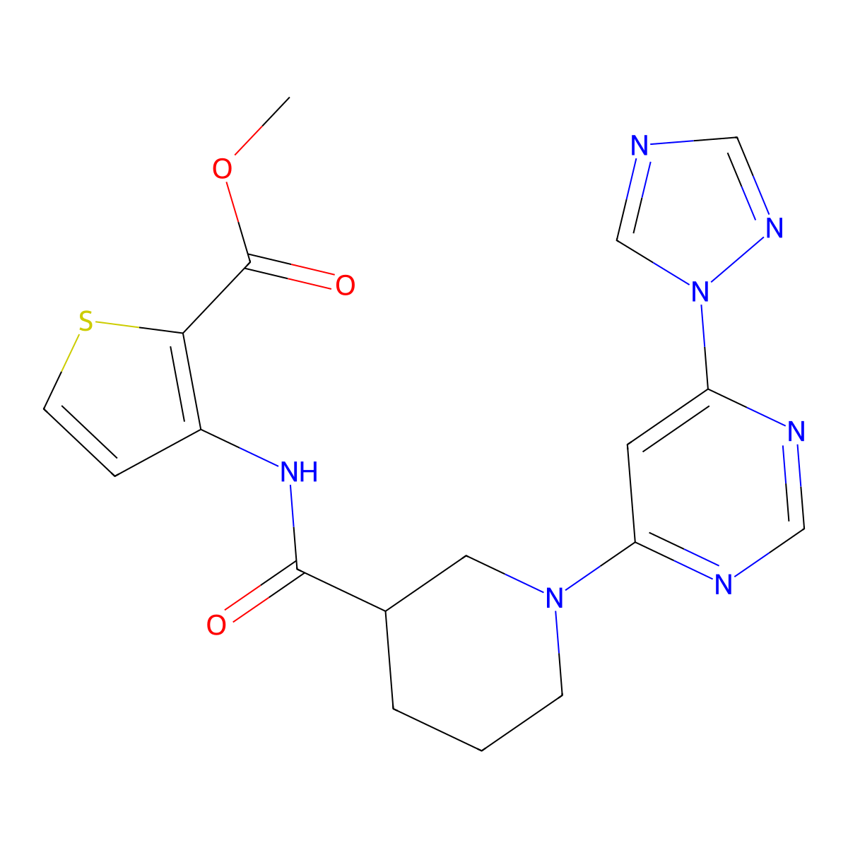 methyl 3-(1-(6-(1H-1,2,4-triazol-1-yl)pyrimidin-4-yl)piperidine-3-carboxamido)thiophene-2-carboxylate molecular structure, CAS 1797696-23-1