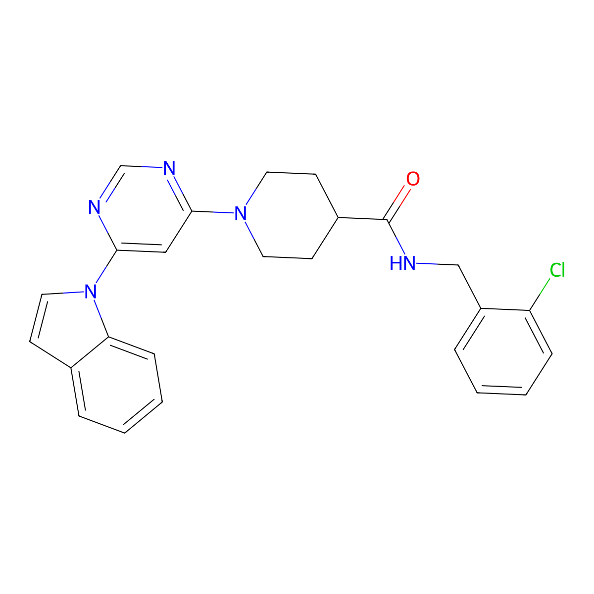 1-(6-(1H-indol-1-yl)pyrimidin-4-yl)-N-(2-chlorobenzyl)piperidine-4-carboxamide molecular structure, CAS 1797696-29-7