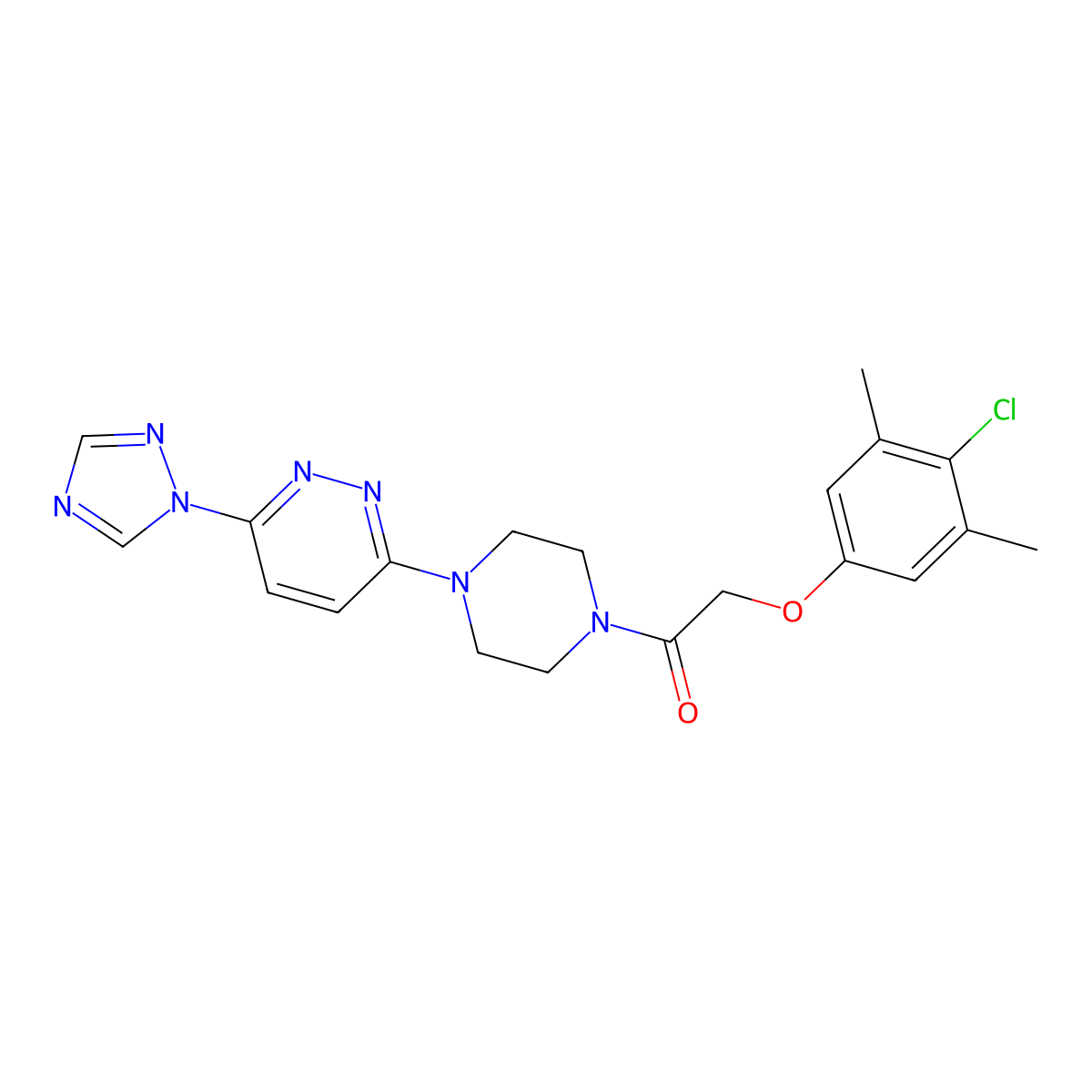 1-(4-(6-(1H-1,2,4-triazol-1-yl)pyridazin-3-yl)piperazin-1-yl)-2-(4-chloro-3,5-dimethylphenoxy)ethanone molecular structure, CAS 1797697-09-6