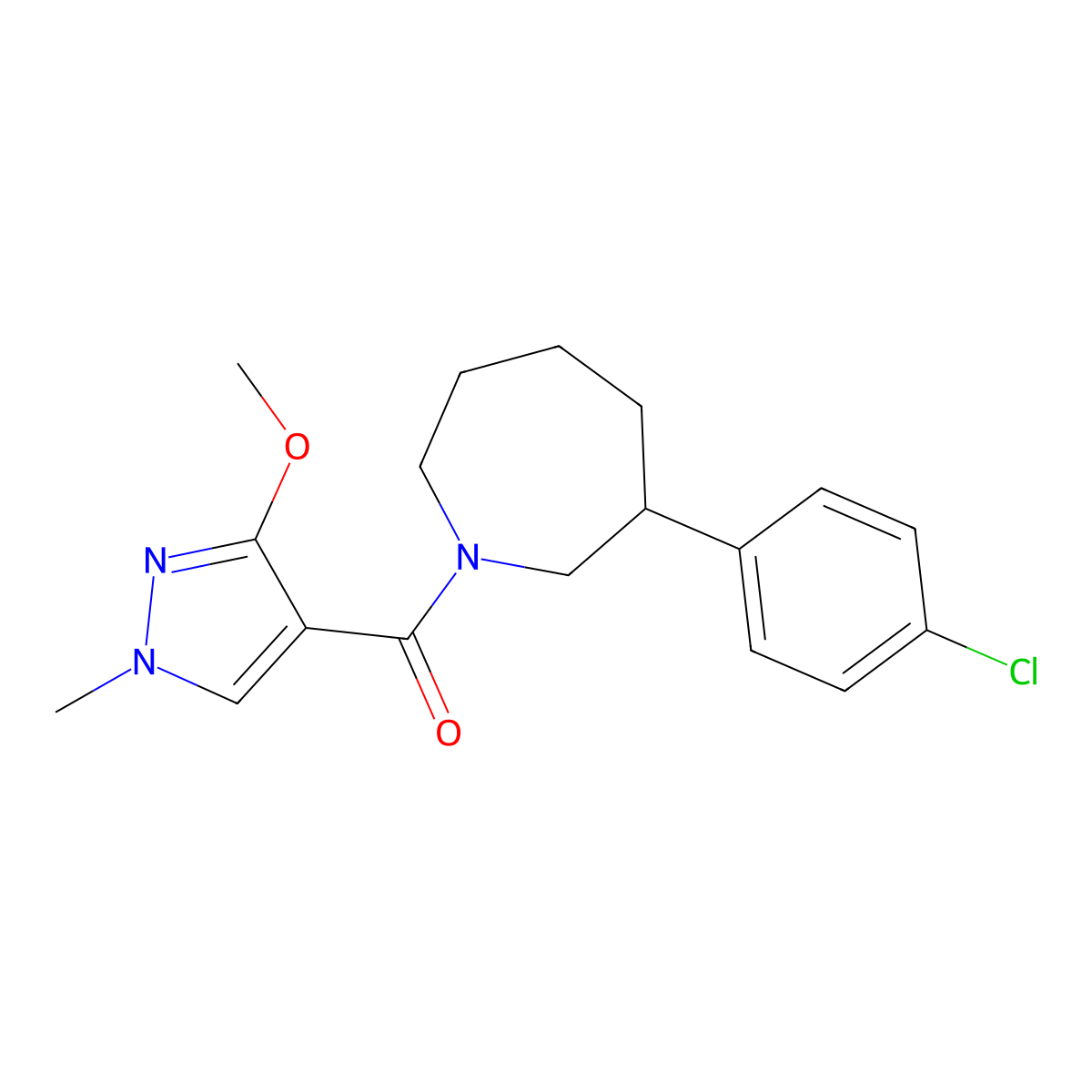 (3-(4-chlorophenyl)azepan-1-yl)(3-methoxy-1-methyl-1H-pyrazol-4-yl)methanone molecular structure, CAS 1797697-82-5