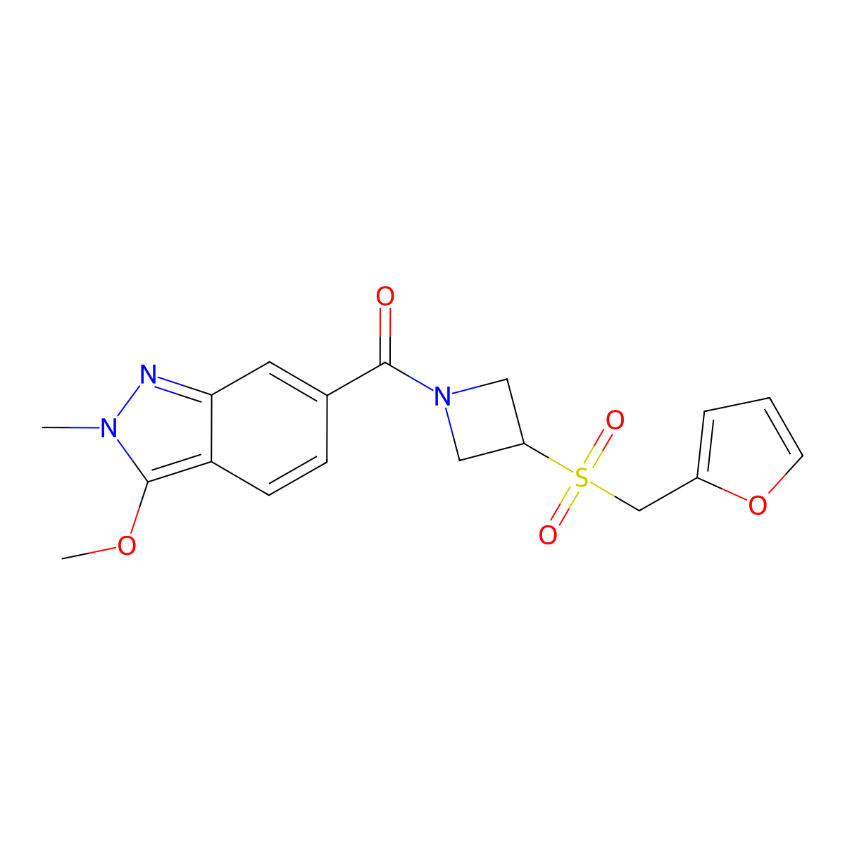 (3-((furan-2-ylmethyl)sulfonyl)azetidin-1-yl)(3-methoxy-2-methyl-2H-indazol-6-yl)methanone molecular structure, CAS 1797698-34-0