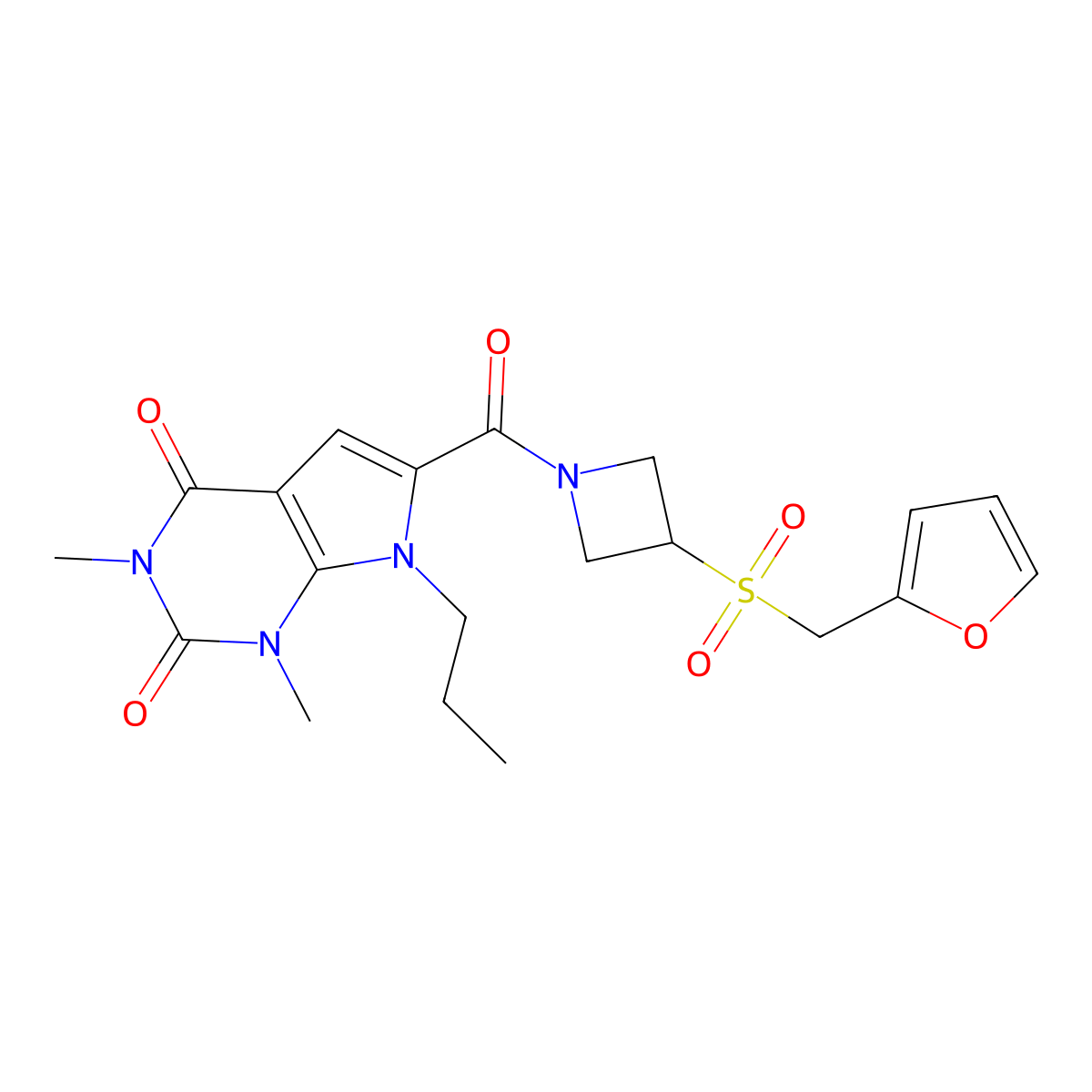 6-(3-((furan-2-ylmethyl)sulfonyl)azetidine-1-carbonyl)-1,3-dimethyl-7-propyl-1H-pyrrolo[2,3-d]pyrimidine-2,4(3H,7H)-dione molecular structure, CAS 1797698-43-1