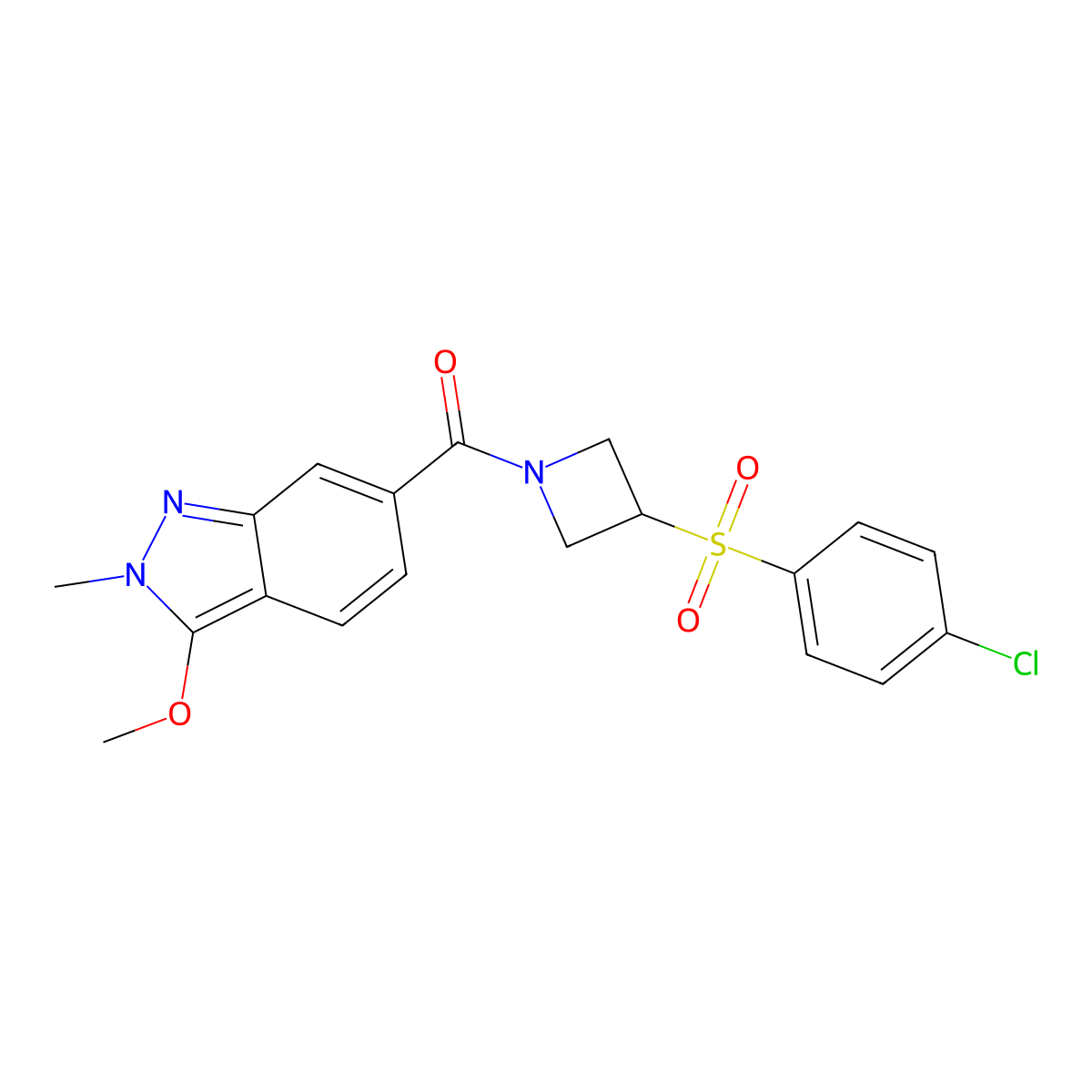 (3-((4-chlorophenyl)sulfonyl)azetidin-1-yl)(3-methoxy-2-methyl-2H-indazol-6-yl)methanone molecular structure, CAS 1797699-05-8