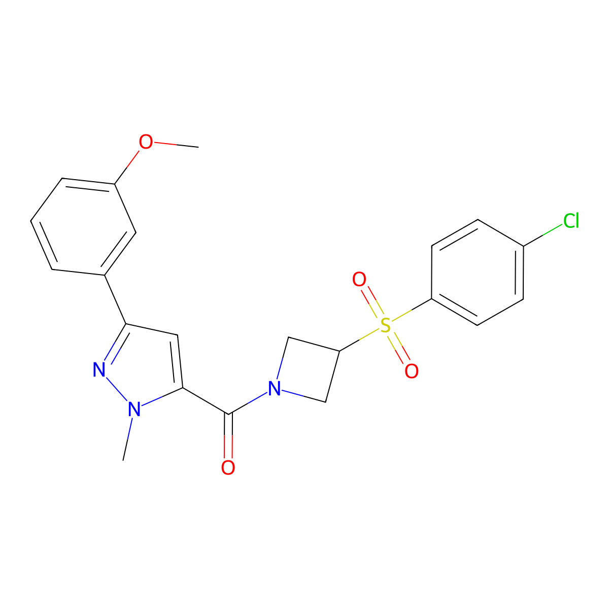 (3-((4-chlorophenyl)sulfonyl)azetidin-1-yl)(3-(3-methoxyphenyl)-1-methyl-1H-pyrazol-5-yl)methanone molecular structure, CAS 1797699-37-6