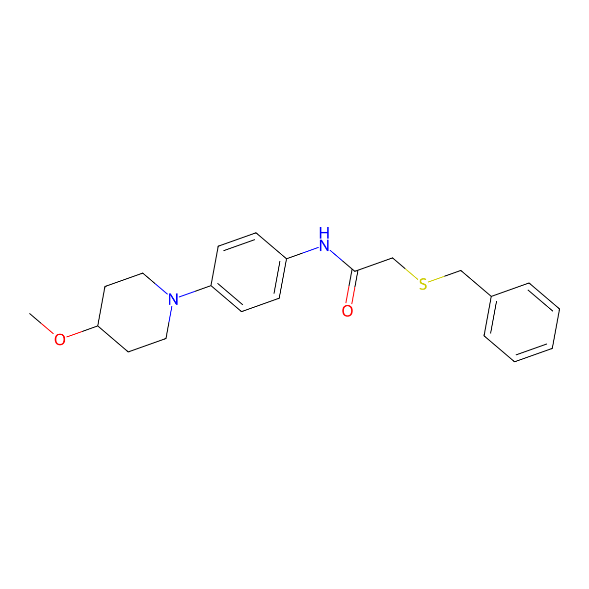2-(benzylthio)-N-(4-(4-methoxypiperidin-1-yl)phenyl)acetamide molecular structure, CAS 1797700-95-8