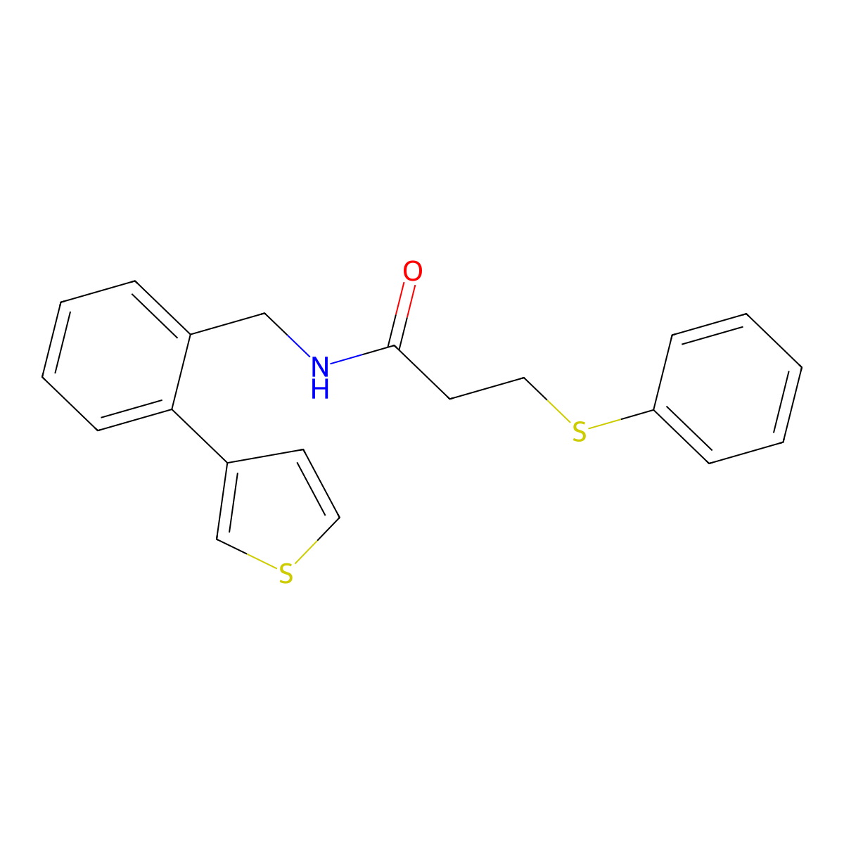 3-(phenylthio)-N-(2-(thiophen-3-yl)benzyl)propanamide molecular structure, CAS 1797713-41-7