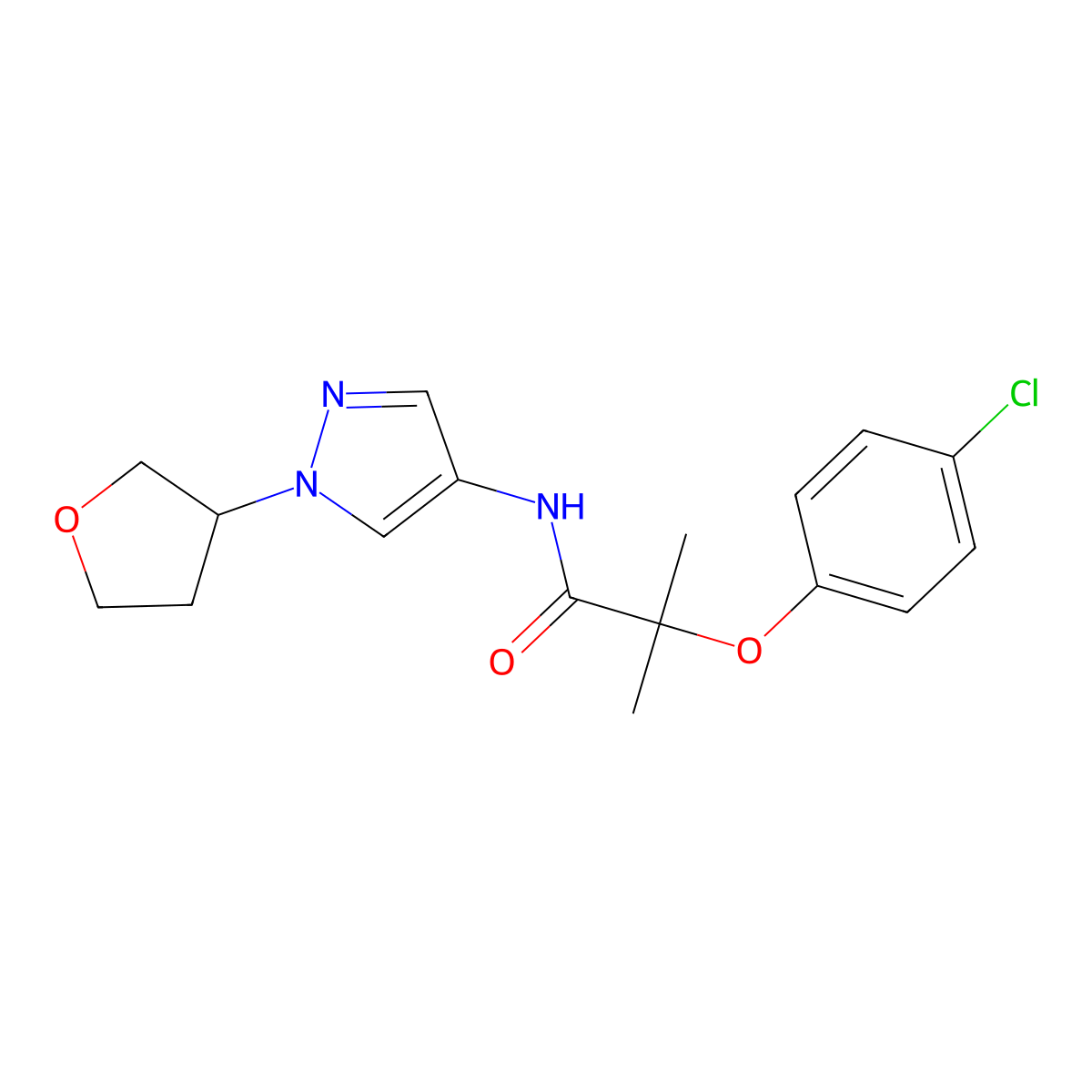2-(4-chlorophenoxy)-2-methyl-N-[1-(oxolan-3-yl)-1H-pyrazol-4-yl]propanamide molecular structure, CAS 1797714-32-9