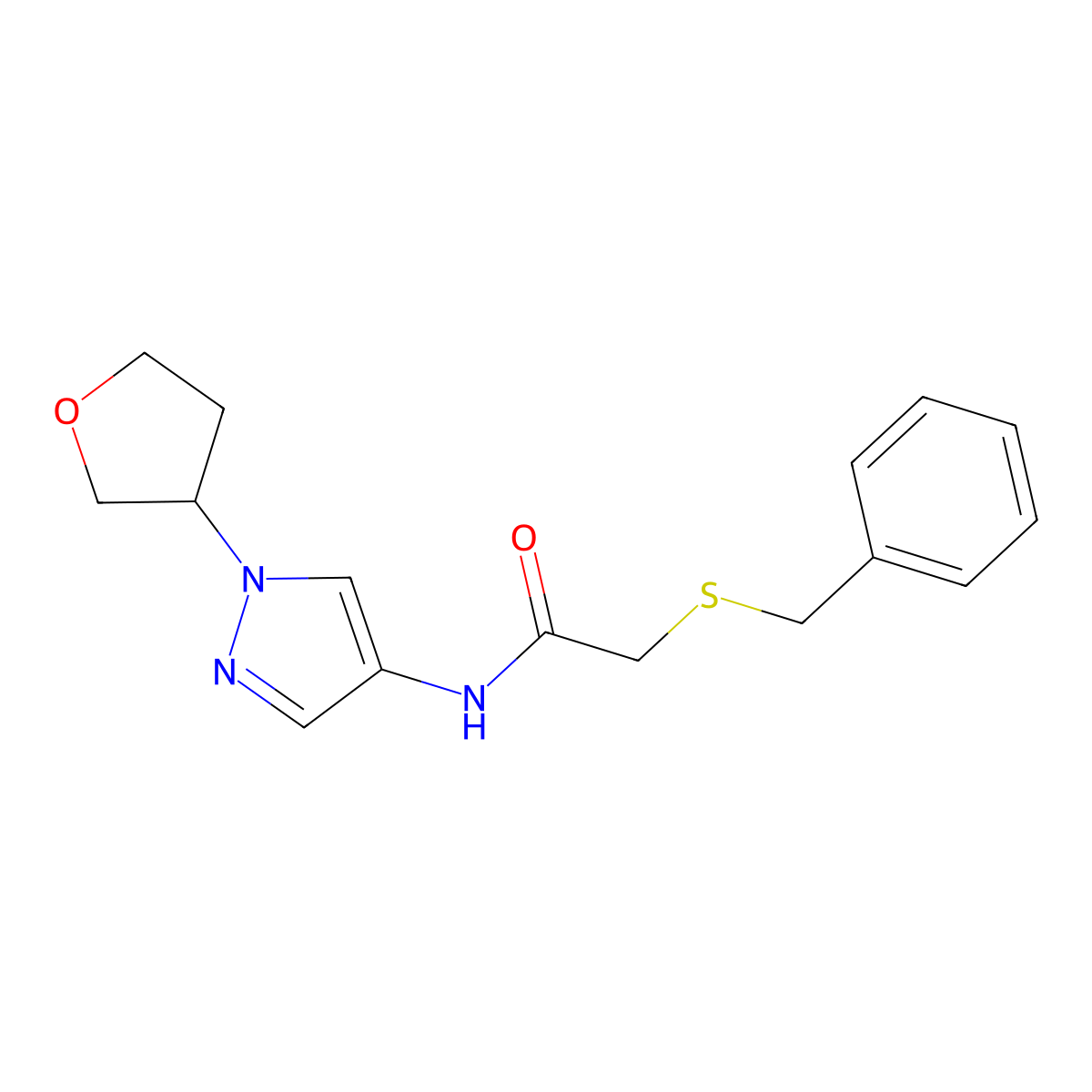 2-(benzylthio)-N-(1-(tetrahydrofuran-3-yl)-1H-pyrazol-4-yl)acetamide molecular structure, CAS 1797714-44-3