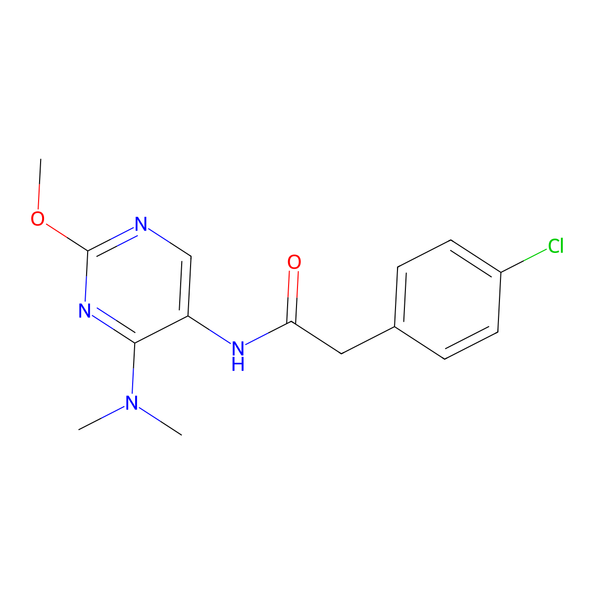 2-(4-chlorophenyl)-N-[4-(dimethylamino)-2-methoxypyrimidin-5-yl]acetamide molecular structure, CAS 1797715-02-6