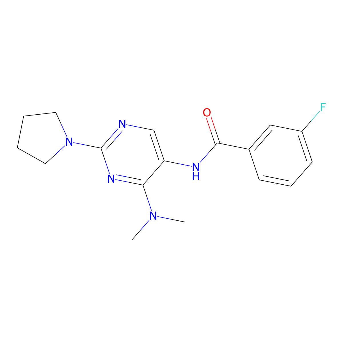 N-[4-(dimethylamino)-2-(pyrrolidin-1-yl)pyrimidin-5-yl]-3-fluorobenzamide molecular structure, CAS 1797715-17-3