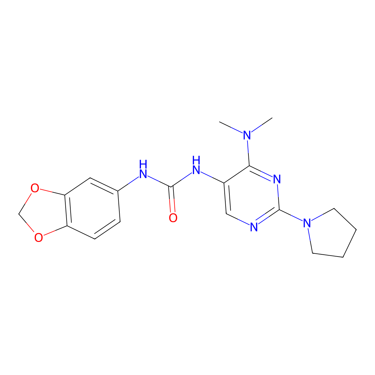 1-(Benzo[d][1,3]dioxol-5-yl)-3-(4-(dimethylamino)-2-(pyrrolidin-1-yl)pyrimidin-5-yl)urea molecular structure, CAS 1797715-23-1