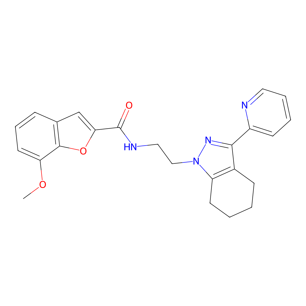 7-methoxy-N-(2-(3-(pyridin-2-yl)-4,5,6,7-tetrahydro-1H-indazol-1-yl)ethyl)benzofuran-2-carboxamide molecular structure, CAS 1797715-70-8