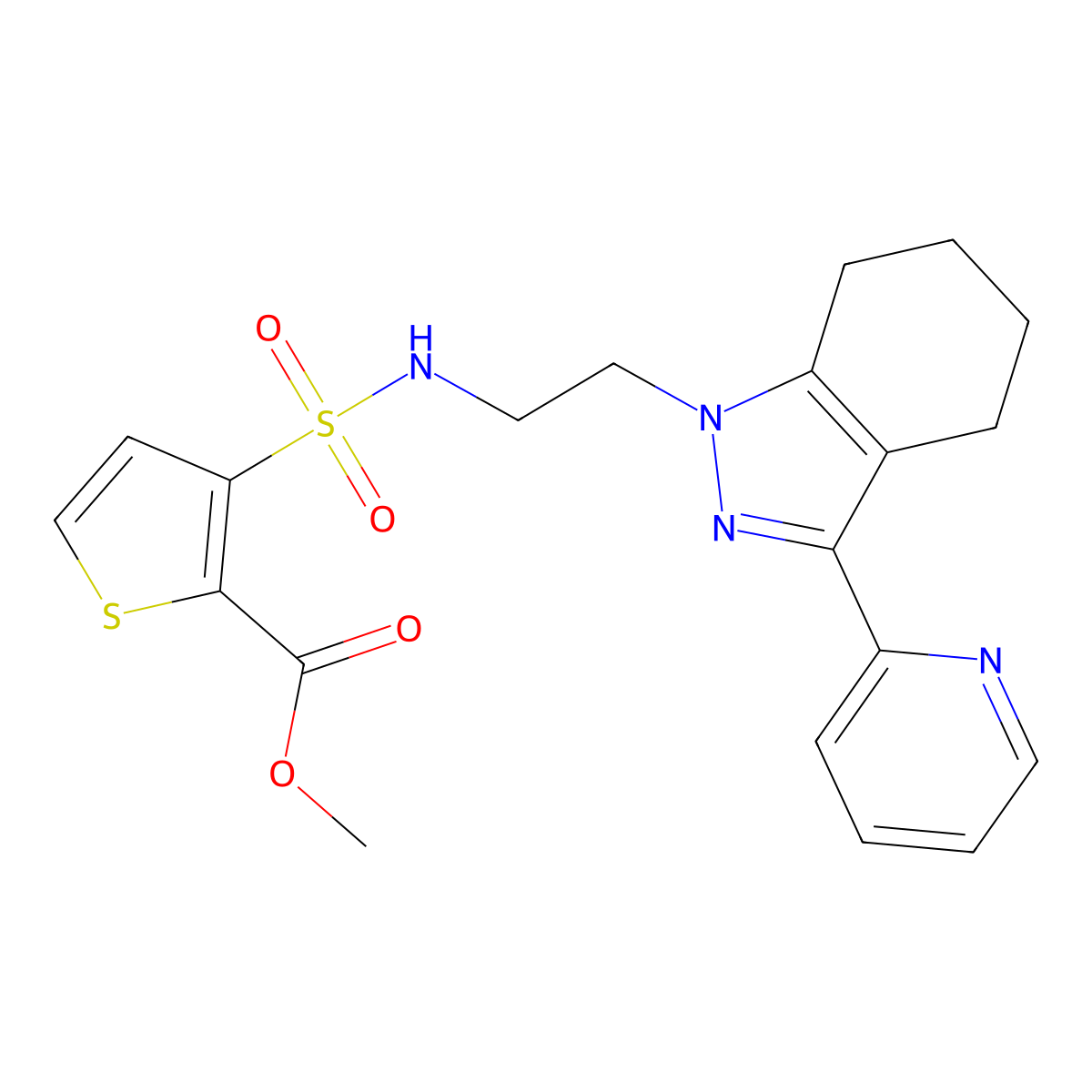 methyl 3-(N-(2-(3-(pyridin-2-yl)-4,5,6,7-tetrahydro-1H-indazol-1-yl)ethyl)sulfamoyl)thiophene-2-carboxylate molecular structure, CAS 1797715-79-7