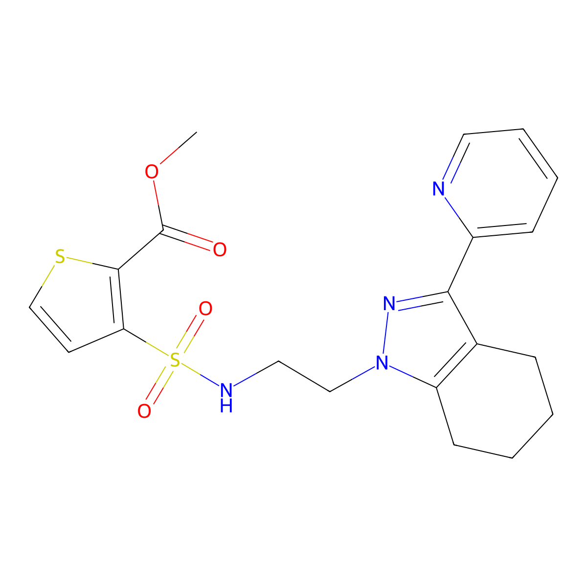methyl 3-(N-(2-(3-(pyridin-2-yl)-4,5,6,7-tetrahydro-1H-indazol-1-yl)ethyl)sulfamoyl)thiophene-2-carboxylate molecular structure, CAS 1797715-79-7