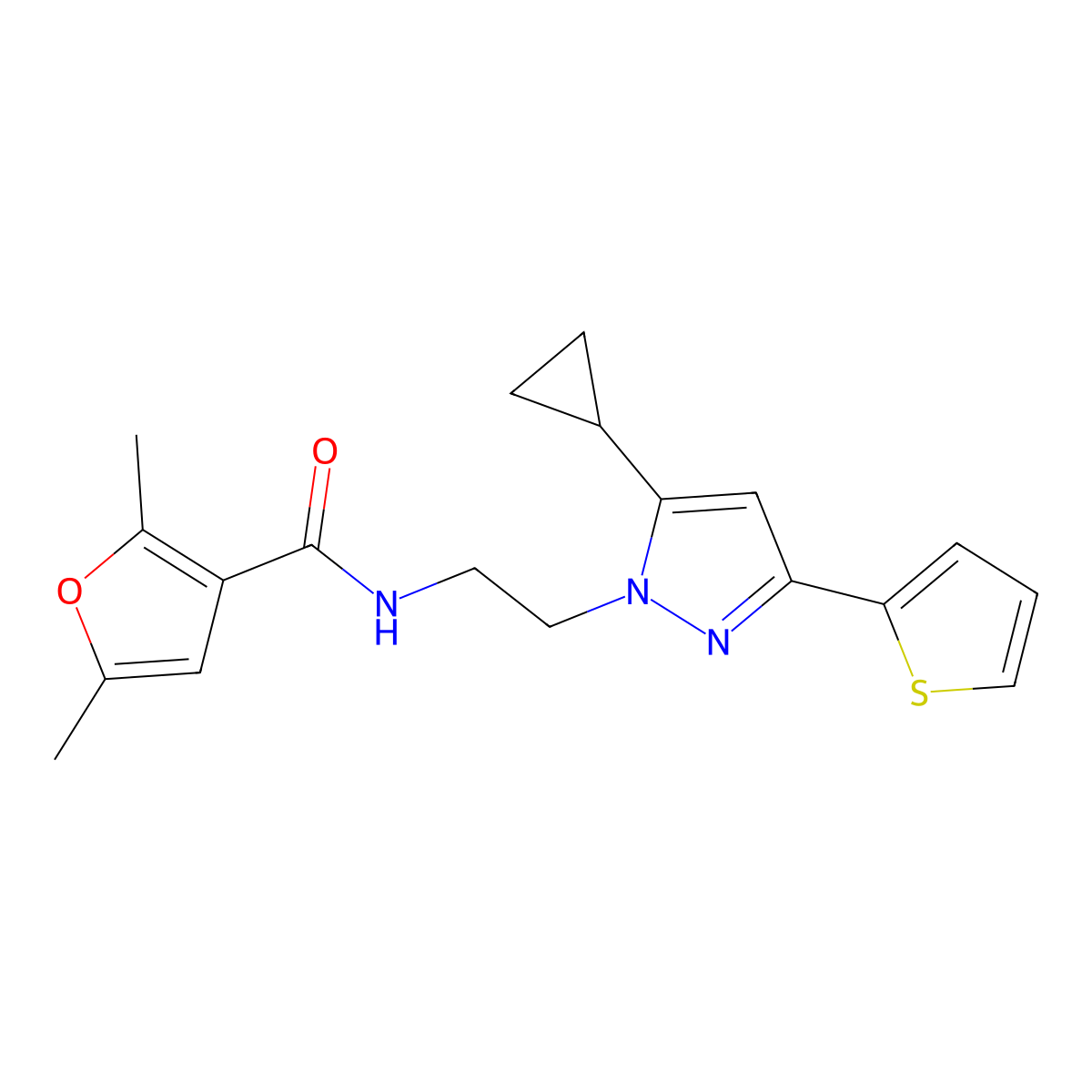 N-(2-(5-cyclopropyl-3-(thiophen-2-yl)-1H-pyrazol-1-yl)ethyl)-2,5-dimethylfuran-3-carboxamide molecular structure, CAS 1797716-08-5