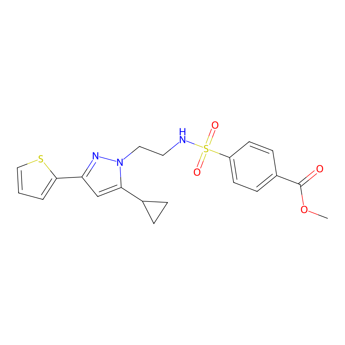 methyl 4-(N-(2-(5-cyclopropyl-3-(thiophen-2-yl)-1H-pyrazol-1-yl)ethyl)sulfamoyl)benzoate molecular structure, CAS 1797716-23-4