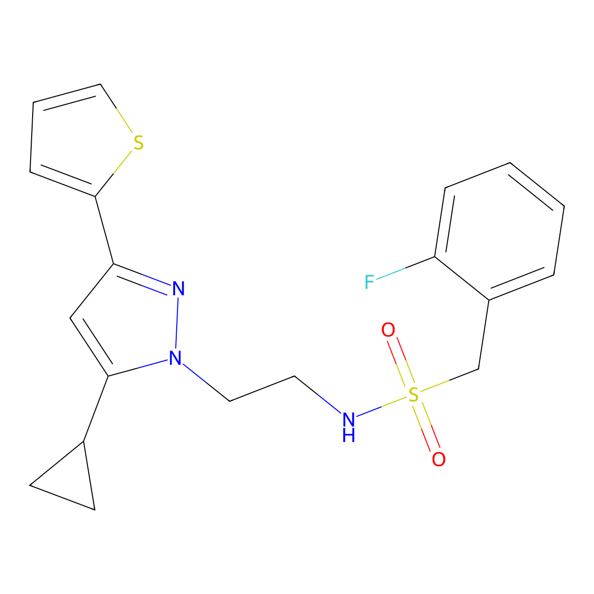 N-{2-[5-cyclopropyl-3-(thiophen-2-yl)-1H-pyrazol-1-yl]ethyl}-1-(2-fluorophenyl)methanesulfonamide molecular structure, CAS 1797716-34-7