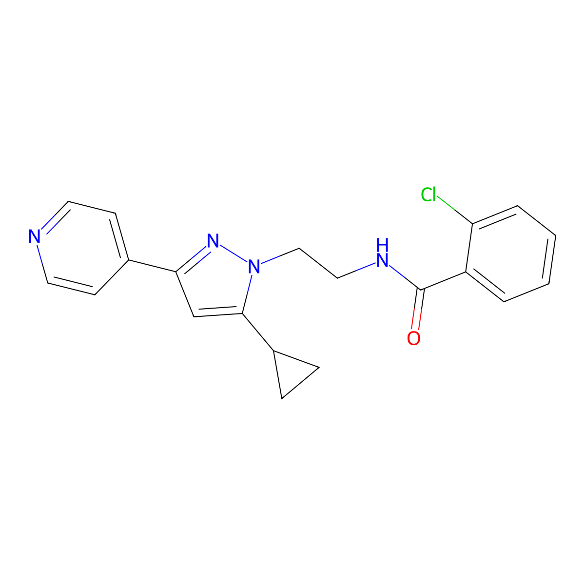 2-chloro-N-(2-(5-cyclopropyl-3-(pyridin-4-yl)-1H-pyrazol-1-yl)ethyl)benzamide molecular structure, CAS 1797716-50-7