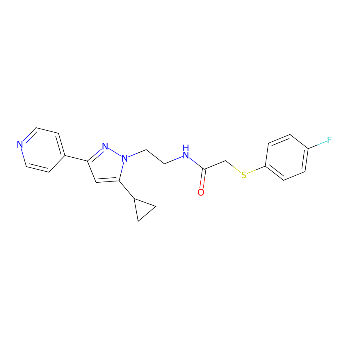 N-(2-(5-cyclopropyl-3-(pyridin-4-yl)-1H-pyrazol-1-yl)ethyl)-2-((4-fluorophenyl)thio)acetamide molecular structure, CAS 1797716-67-6