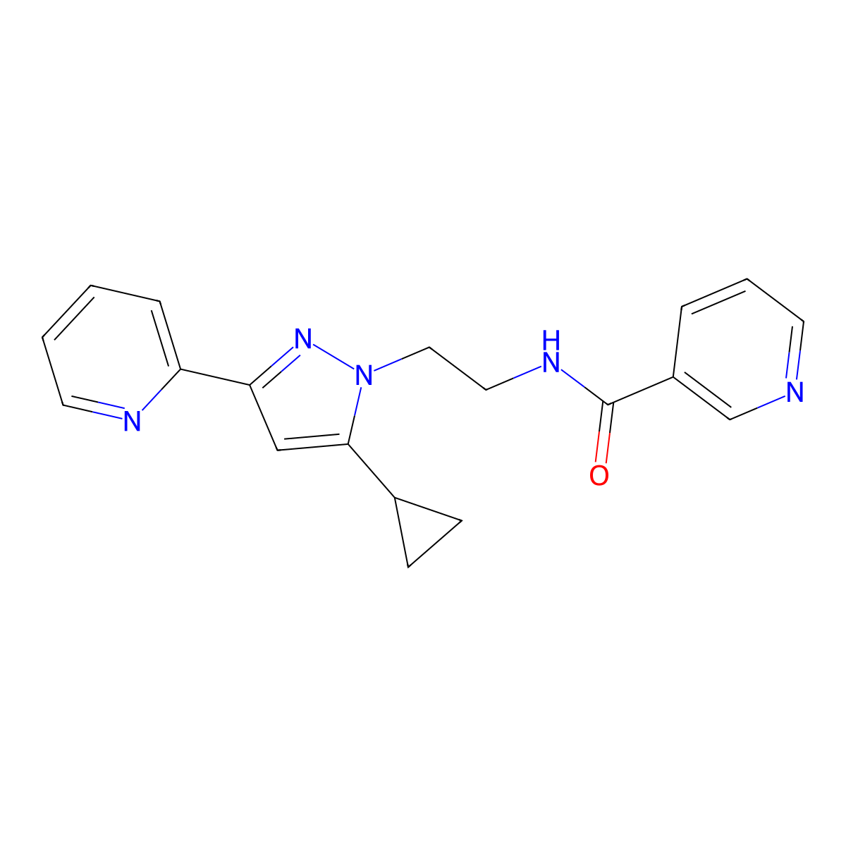 N-(2-(5-cyclopropyl-3-(pyridin-2-yl)-1H-pyrazol-1-yl)ethyl)nicotinamide molecular structure, CAS 1797716-99-4