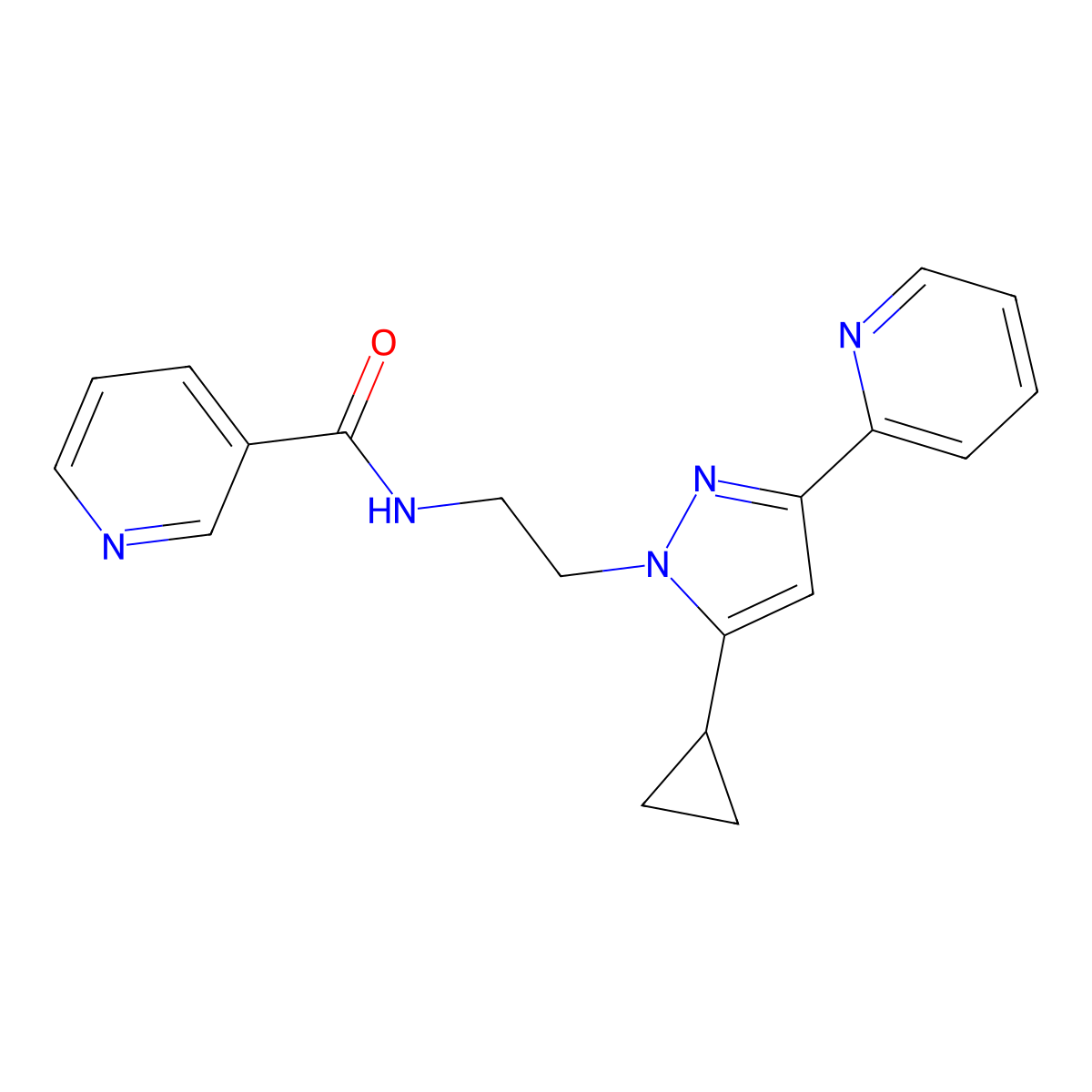 N-(2-(5-cyclopropyl-3-(pyridin-2-yl)-1H-pyrazol-1-yl)ethyl)nicotinamide molecular structure, CAS 1797716-99-4