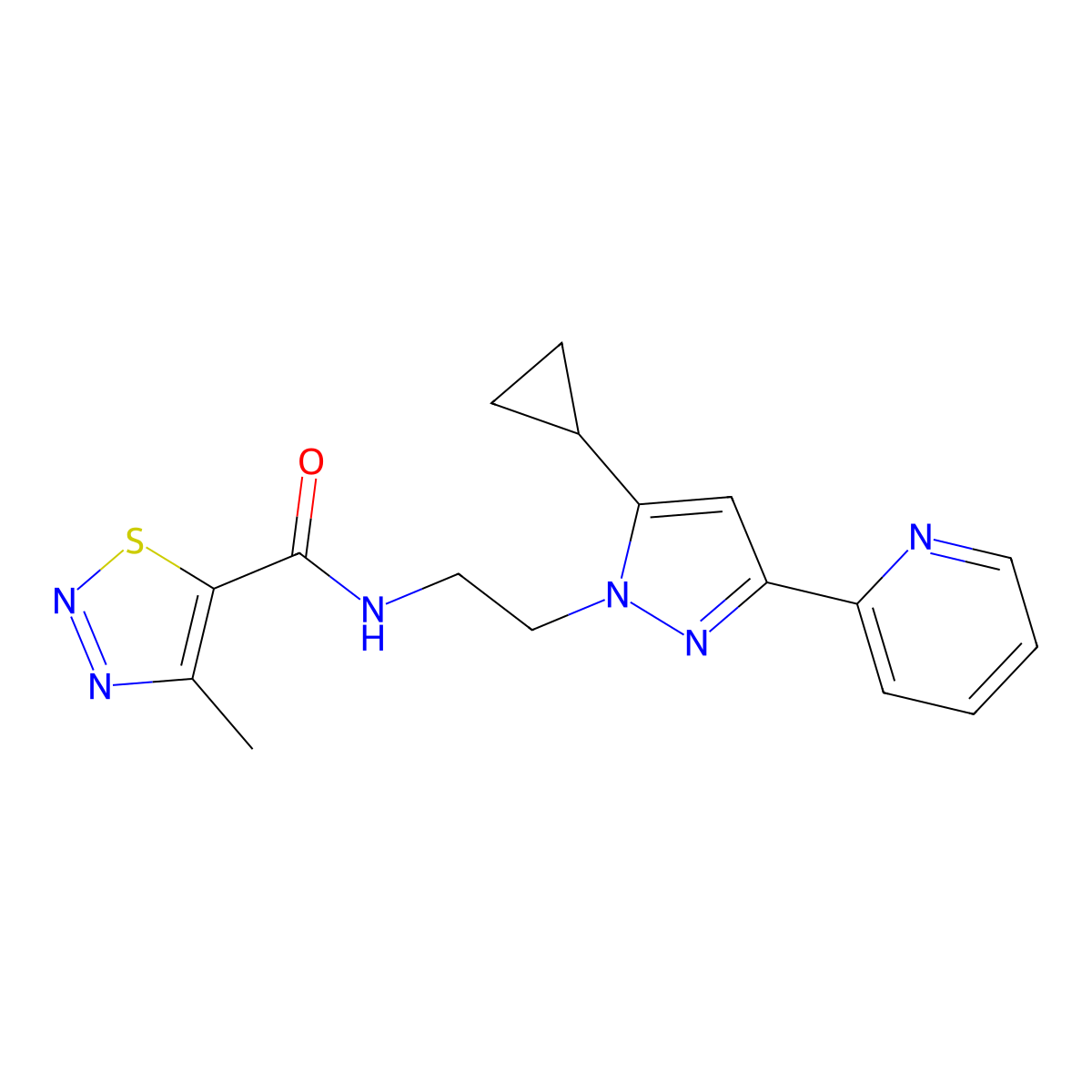 N-{2-[5-cyclopropyl-3-(pyridin-2-yl)-1H-pyrazol-1-yl]ethyl}-4-methyl-1,2,3-thiadiazole-5-carboxamide molecular structure, CAS 1797717-05-5