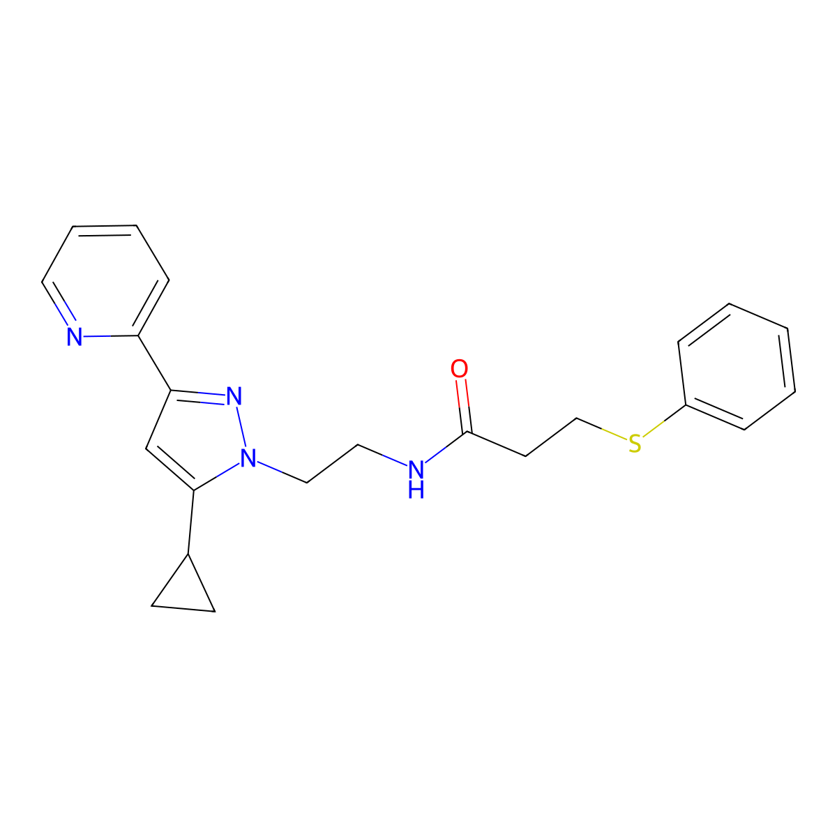N-(2-(5-cyclopropyl-3-(pyridin-2-yl)-1H-pyrazol-1-yl)ethyl)-3-(phenylthio)propanamide molecular structure, CAS 1797717-10-2