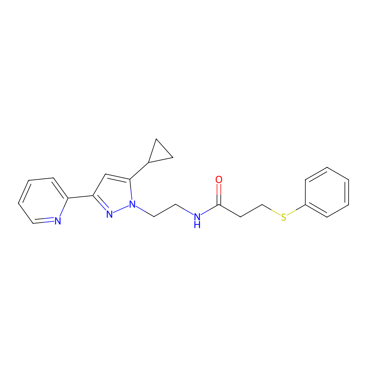 N-(2-(5-cyclopropyl-3-(pyridin-2-yl)-1H-pyrazol-1-yl)ethyl)-3-(phenylthio)propanamide molecular structure, CAS 1797717-10-2
