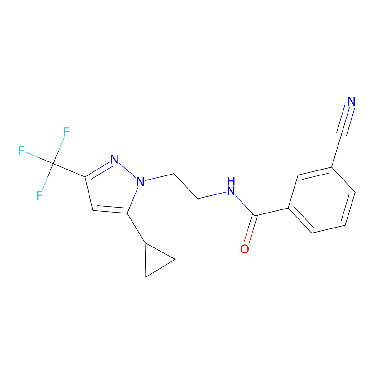3-cyano-N-(2-(5-cyclopropyl-3-(trifluoromethyl)-1H-pyrazol-1-yl)ethyl)benzamide molecular structure, CAS 1797717-17-9