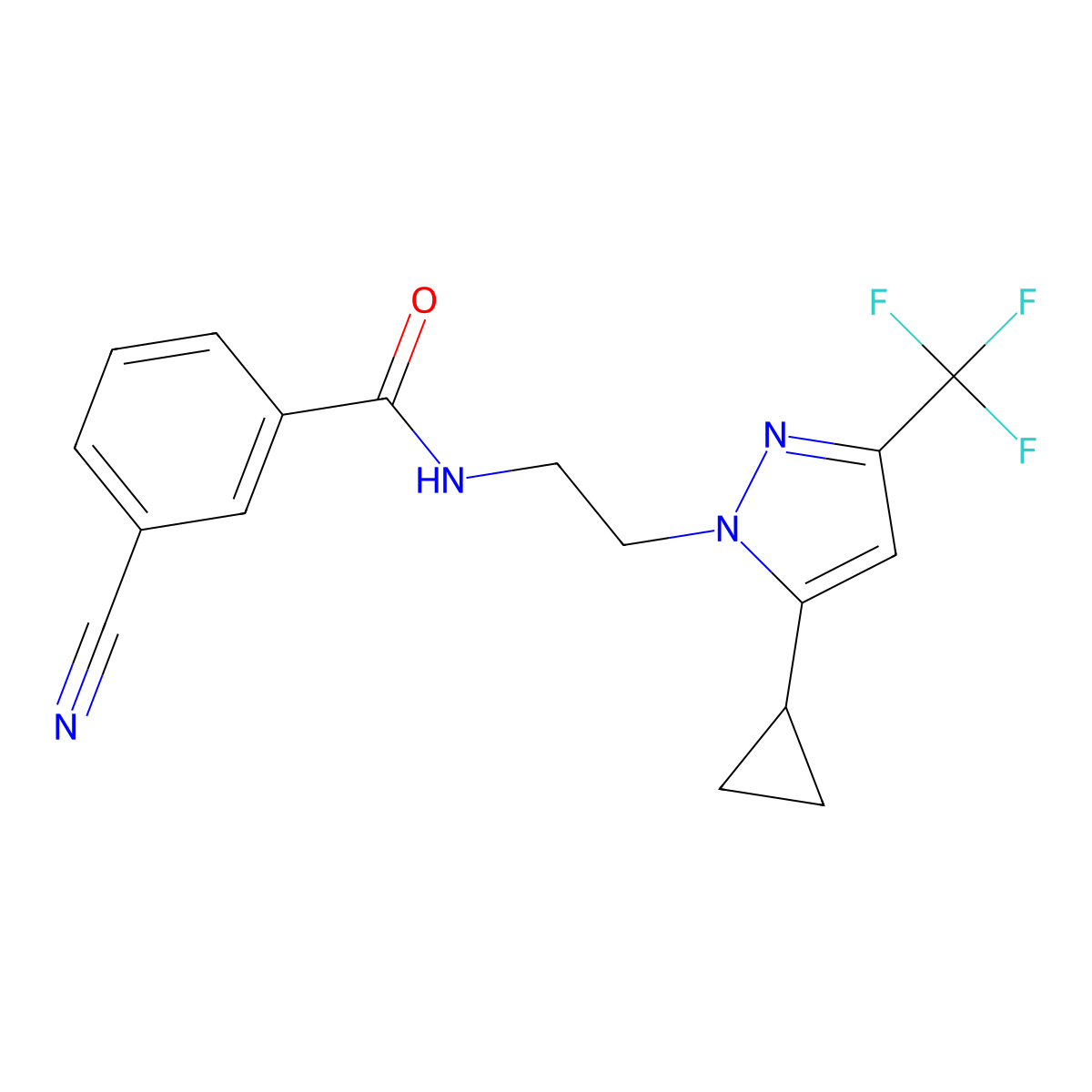 3-cyano-N-(2-(5-cyclopropyl-3-(trifluoromethyl)-1H-pyrazol-1-yl)ethyl)benzamide molecular structure, CAS 1797717-17-9