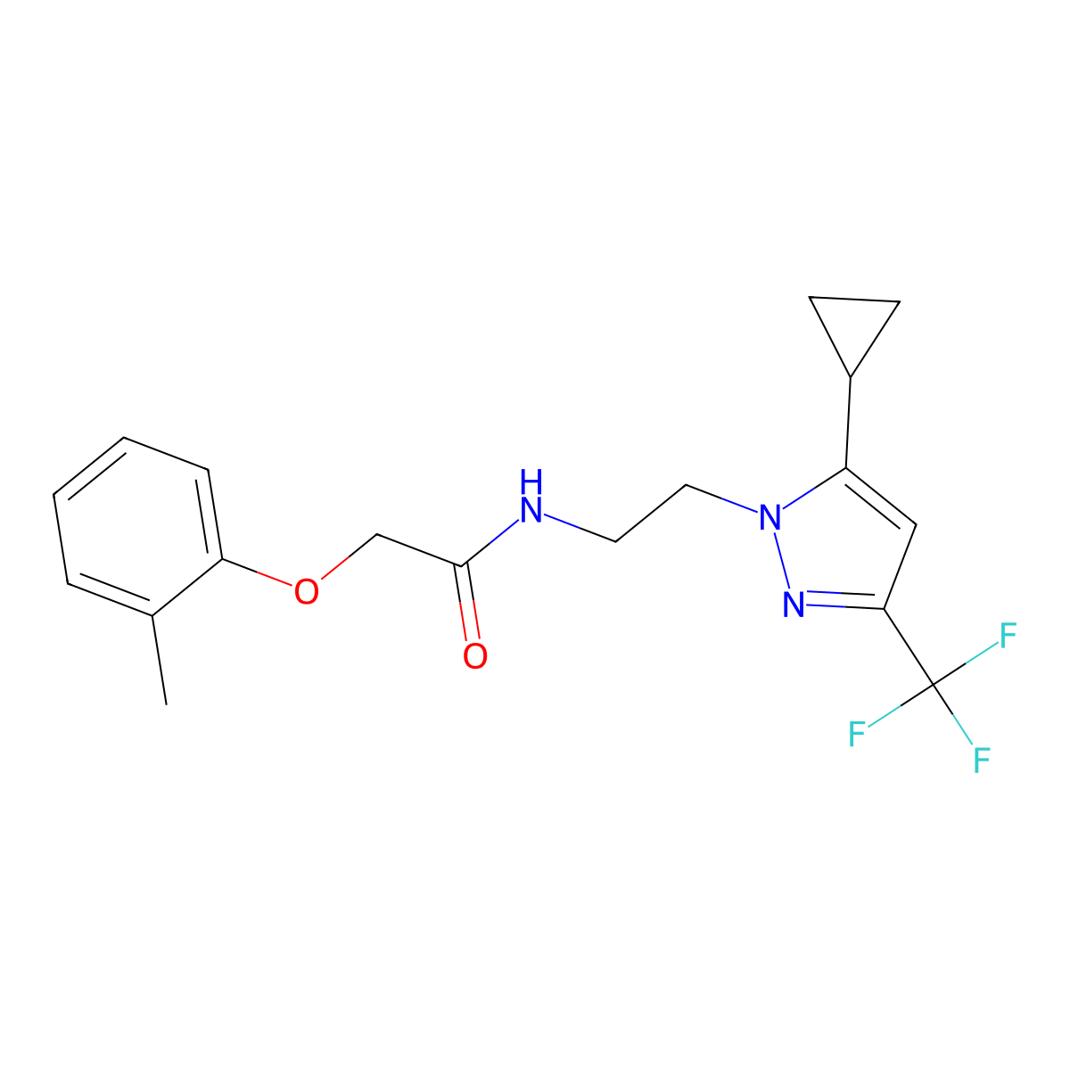 N-(2-(5-cyclopropyl-3-(trifluoromethyl)-1H-pyrazol-1-yl)ethyl)-2-(o-tolyloxy)acetamide molecular structure, CAS 1797717-29-3
