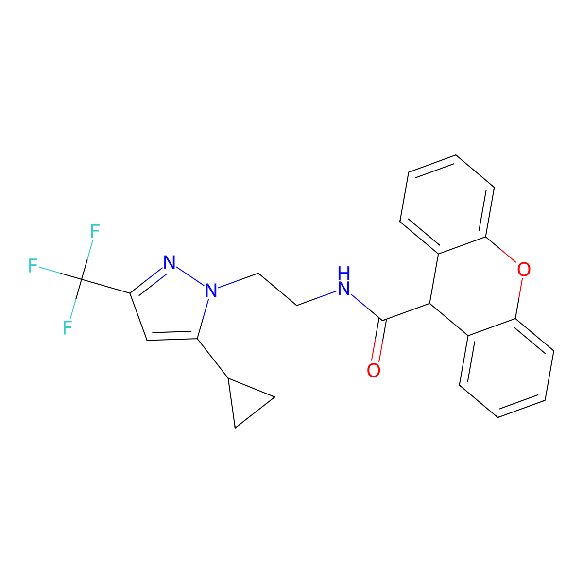 N-{2-[5-cyclopropyl-3-(trifluoromethyl)-1H-pyrazol-1-yl]ethyl}-9H-xanthene-9-carboxamide molecular structure, CAS 1797717-36-2