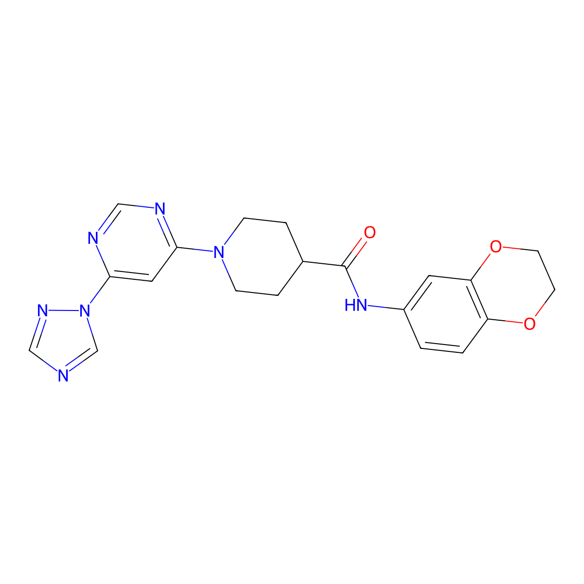 1-(6-(1H-1,2,4-triazol-1-yl)pyrimidin-4-yl)-N-(2,3-dihydrobenzo[b][1,4]dioxin-6-yl)piperidine-4-carboxamide molecular structure, CAS 1797717-40-8