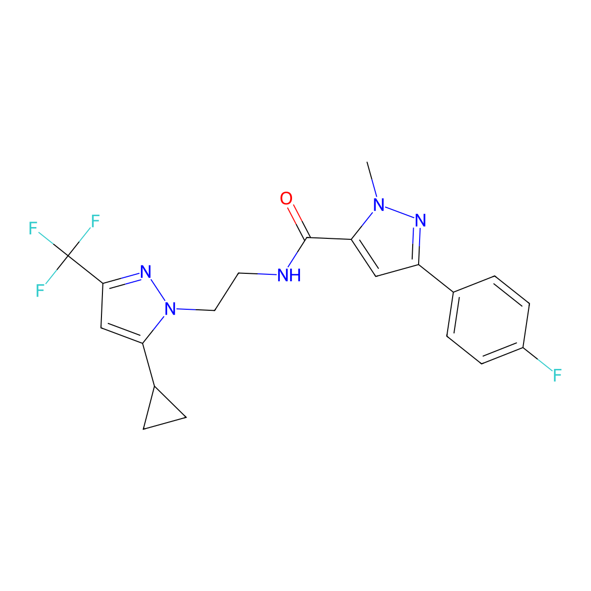 N-{2-[5-cyclopropyl-3-(trifluoromethyl)-1H-pyrazol-1-yl]ethyl}-3-(4-fluorophenyl)-1-methyl-1H-pyrazole-5-carboxamide molecular structure, CAS 1797717-46-4