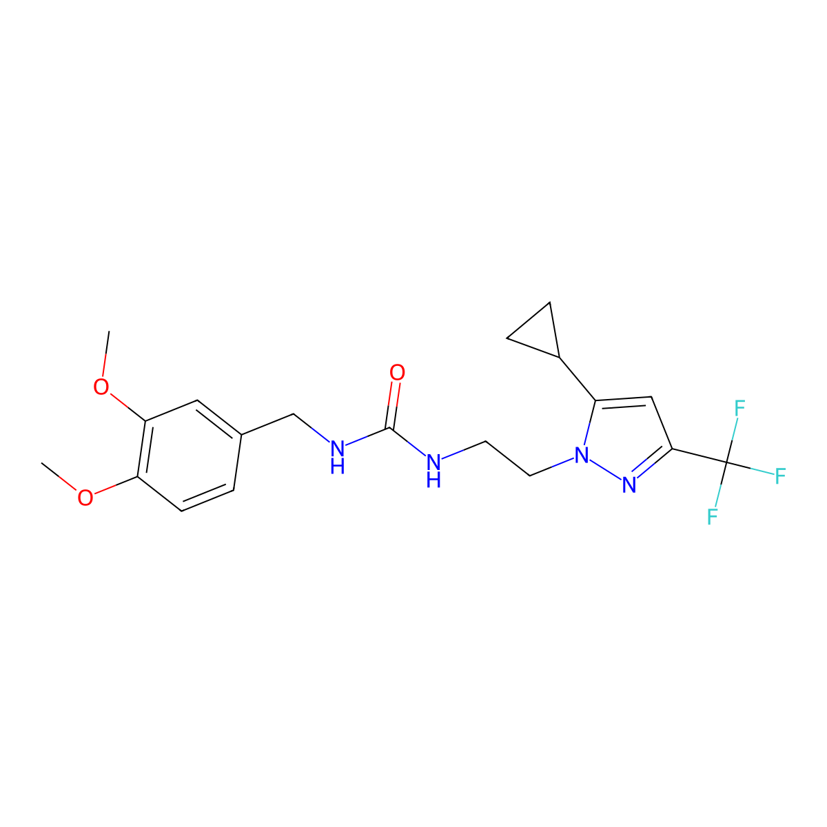 1-(2-(5-cyclopropyl-3-(trifluoromethyl)-1H-pyrazol-1-yl)ethyl)-3-(3,4-dimethoxybenzyl)urea molecular structure, CAS 1797717-52-2