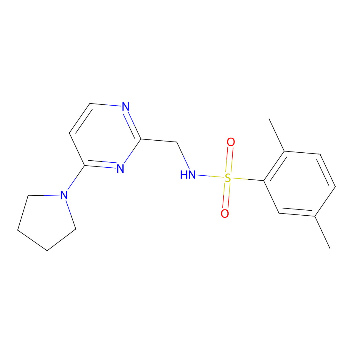 2,5-dimethyl-N-((4-(pyrrolidin-1-yl)pyrimidin-2-yl)methyl)benzenesulfonamide molecular structure, CAS 1797717-58-8