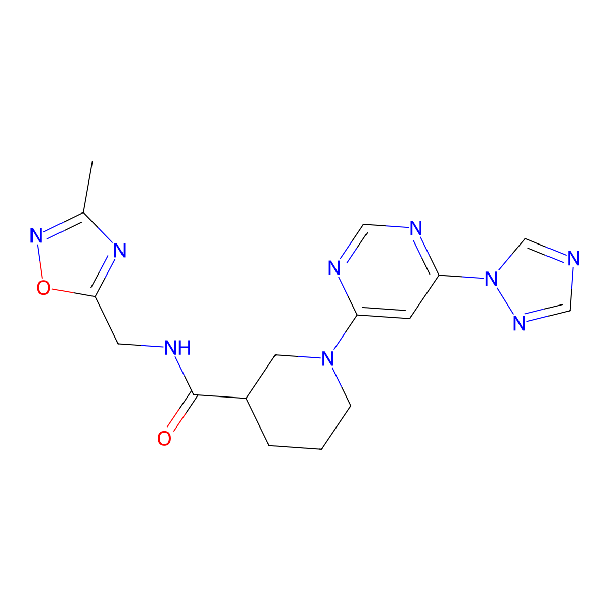 1-(6-(1H-1,2,4-triazol-1-yl)pyrimidin-4-yl)-N-((3-methyl-1,2,4-oxadiazol-5-yl)methyl)piperidine-3-carboxamide molecular structure, CAS 1797717-64-6