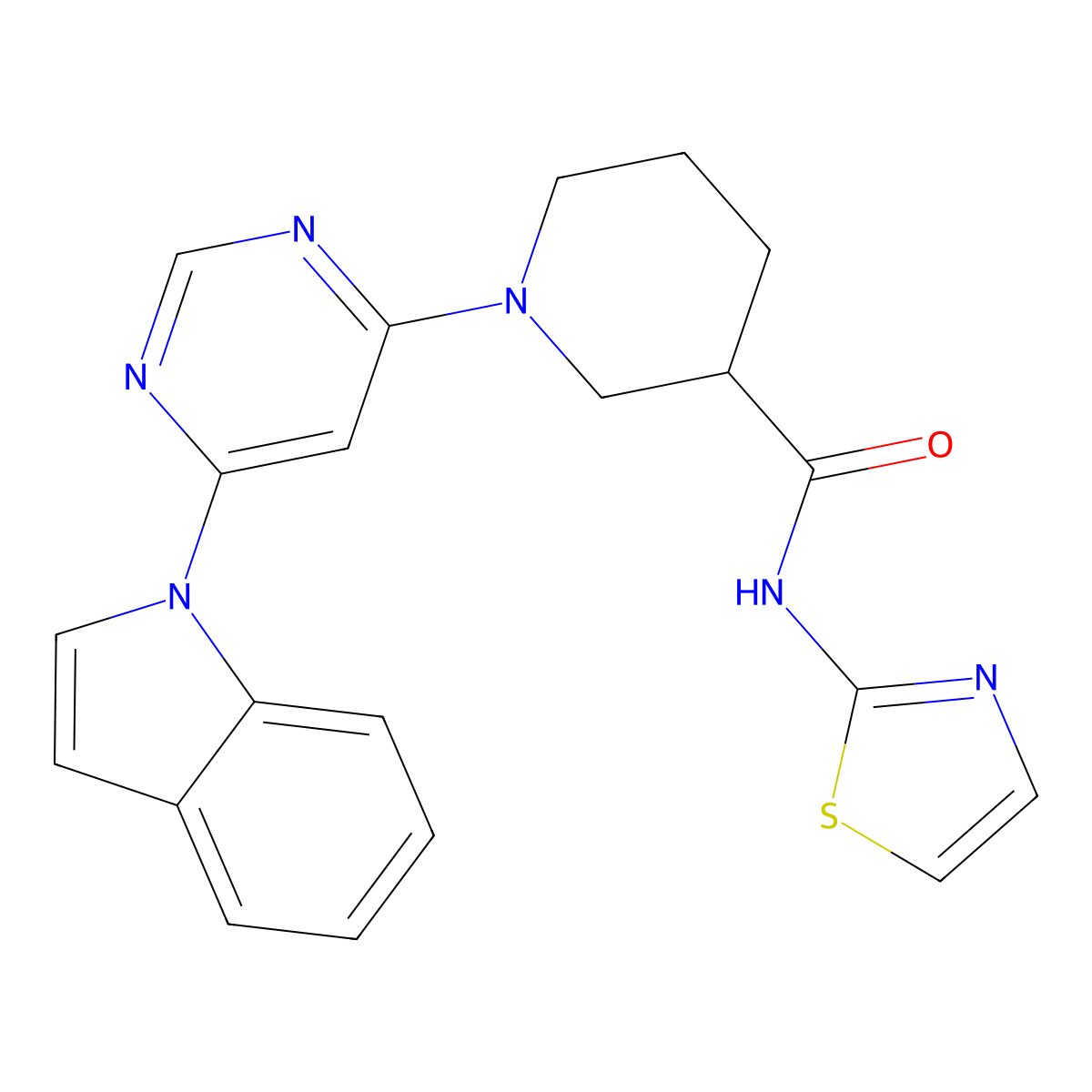 1-(6-(1H-indol-1-yl)pyrimidin-4-yl)-N-(thiazol-2-yl)piperidine-3-carboxamide molecular structure, CAS 1797717-76-0