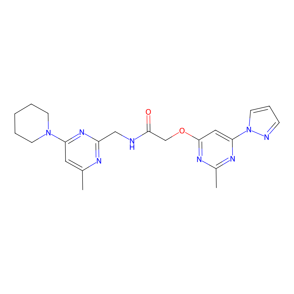 2-{[2-methyl-6-(1H-pyrazol-1-yl)pyrimidin-4-yl]oxy}-N-{[4-methyl-6-(piperidin-1-yl)pyrimidin-2-yl]methyl}acetamide molecular structure, CAS 1797717-83-9