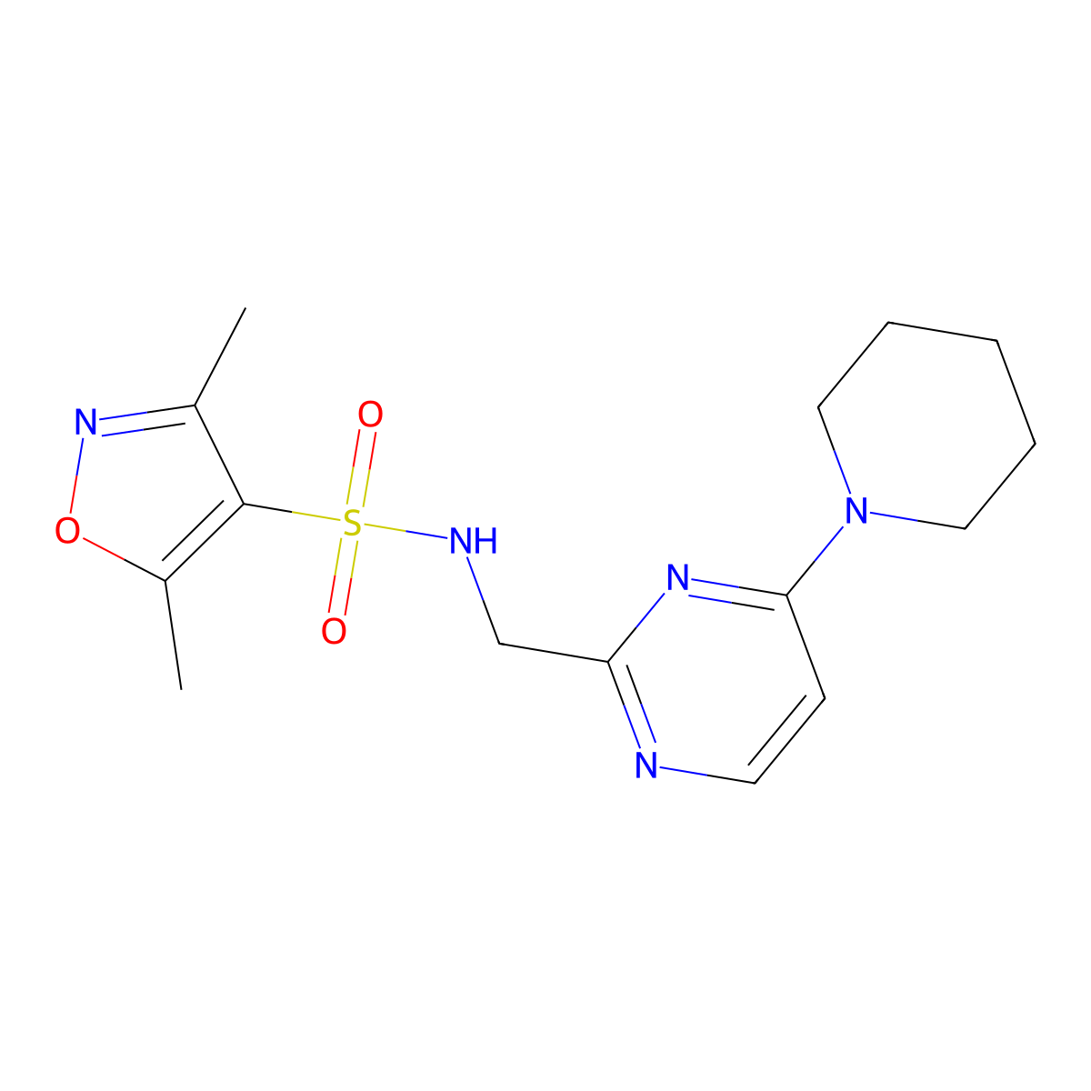 3,5-dimethyl-N-((4-(piperidin-1-yl)pyrimidin-2-yl)methyl)isoxazole-4-sulfonamide molecular structure, CAS 1797718-02-5