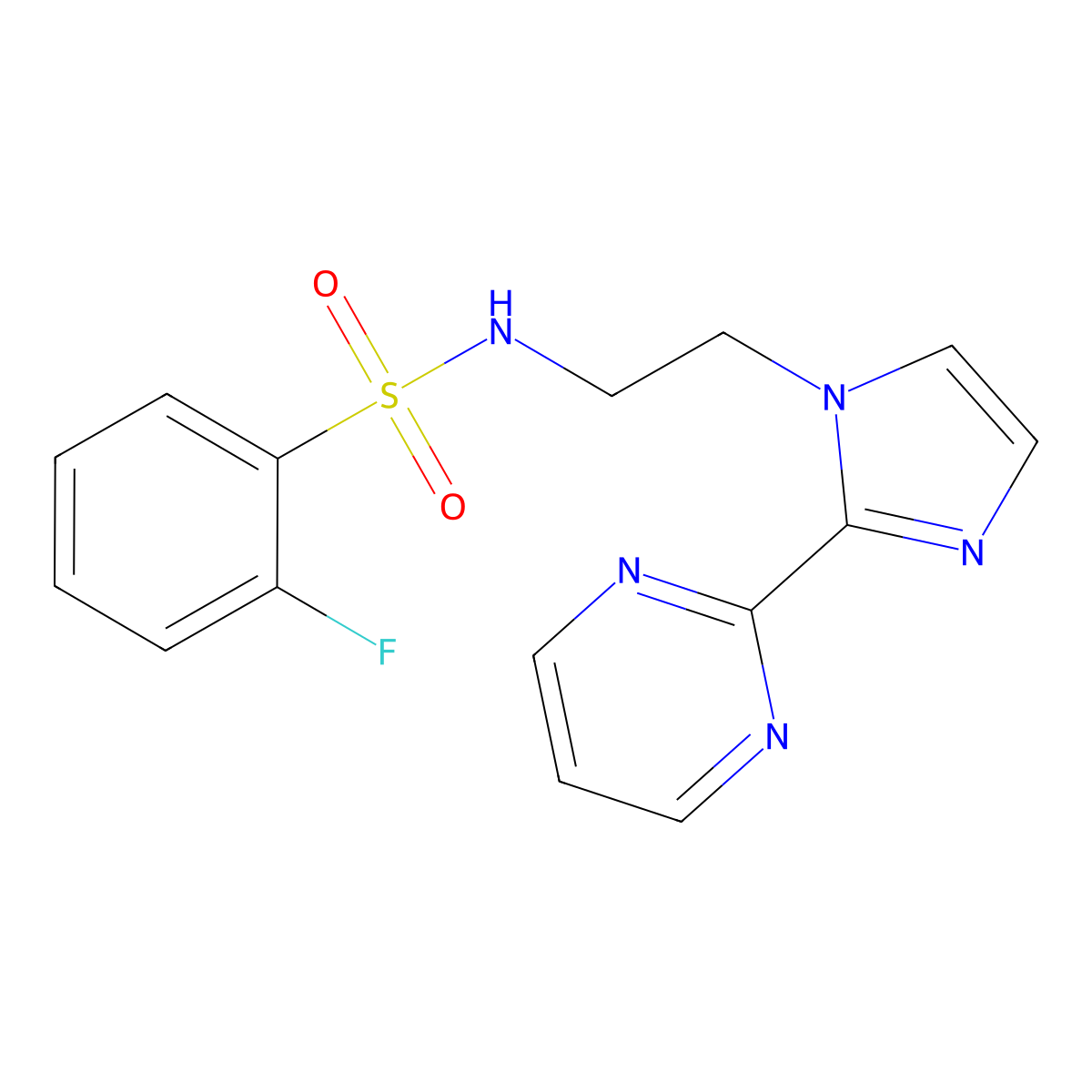2-fluoro-N-(2-(2-(pyrimidin-2-yl)-1H-imidazol-1-yl)ethyl)benzenesulfonamide molecular structure, CAS 1797718-45-6