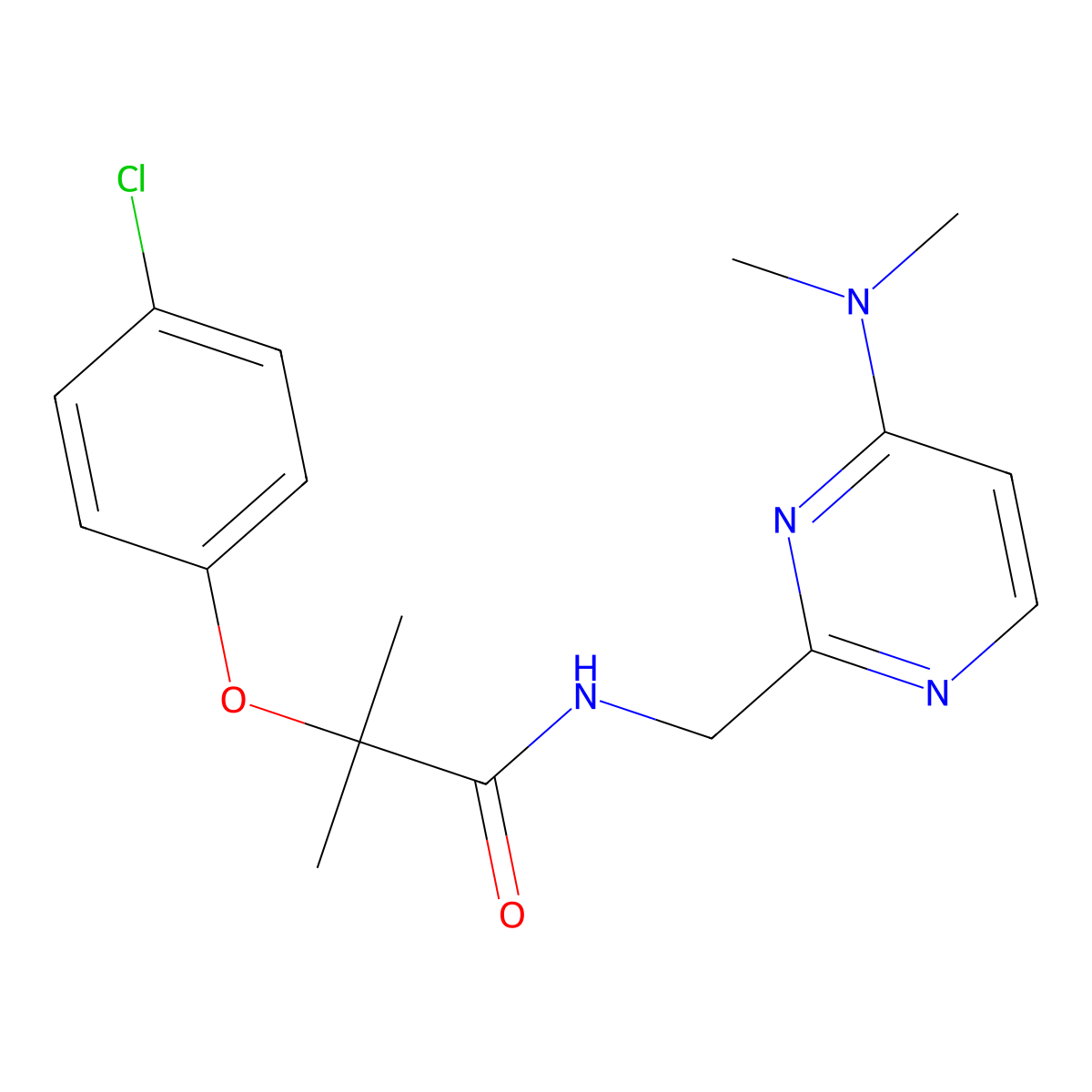 2-(4-chlorophenoxy)-N-{[4-(dimethylamino)pyrimidin-2-yl]methyl}-2-methylpropanamide molecular structure, CAS 1797719-02-8