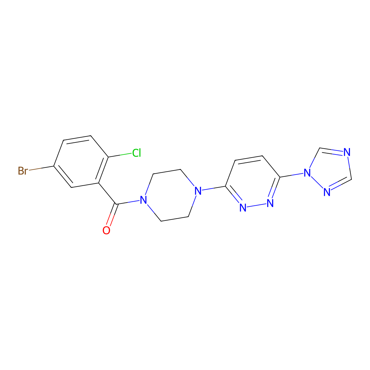(4-(6-(1H-1,2,4-triazol-1-yl)pyridazin-3-yl)piperazin-1-yl)(5-bromo-2-chlorophenyl)methanone molecular structure, CAS 1797719-20-0